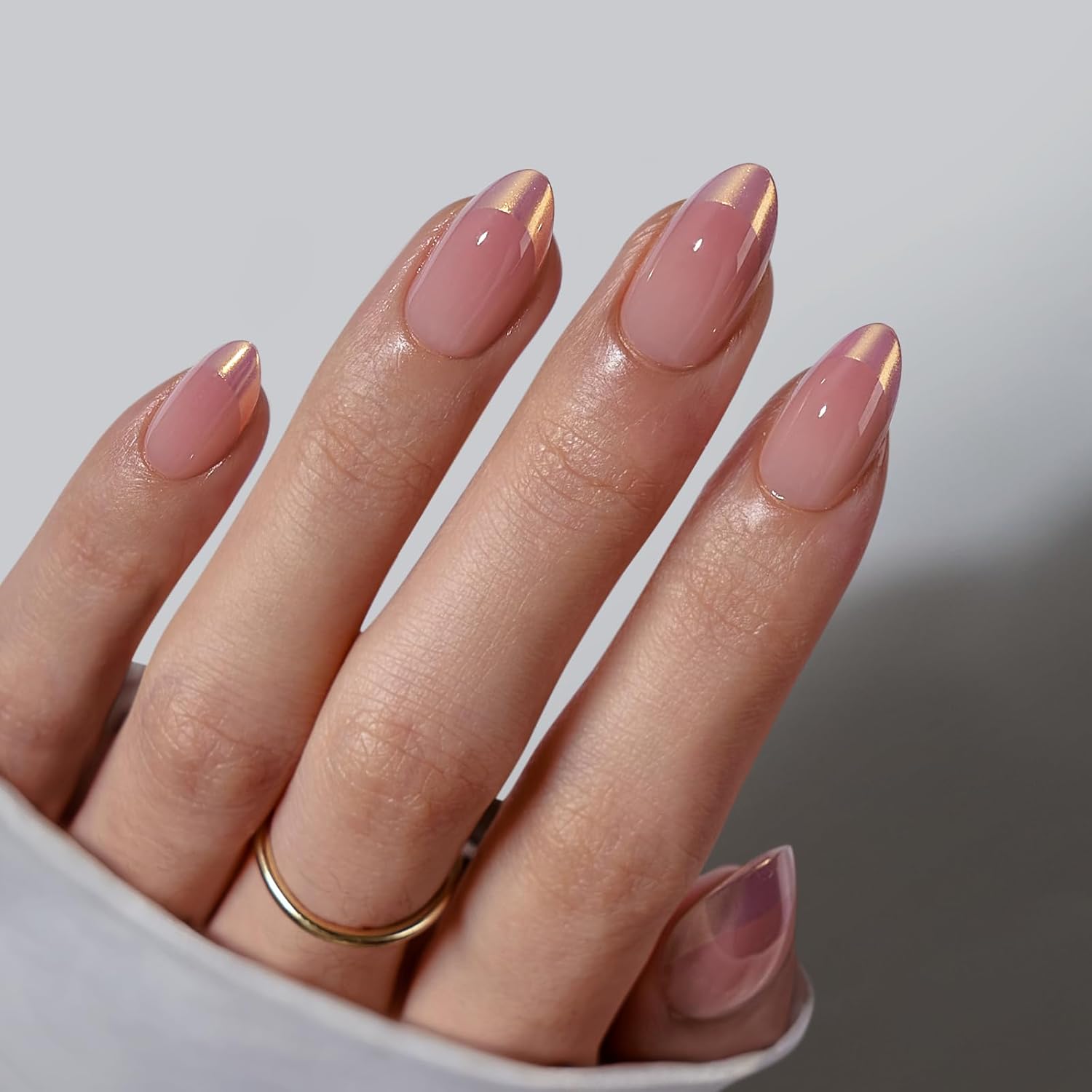 Chrome French Tip Almond Press On Nails with Glue for Women
